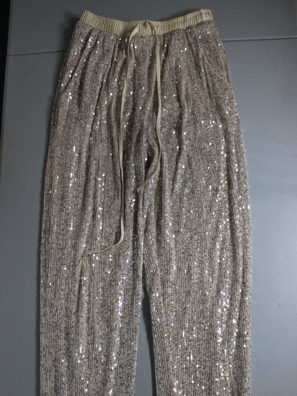 Style Rack Gold/Champagne Sequin Drawstring Jogger Style Pants with Pockets